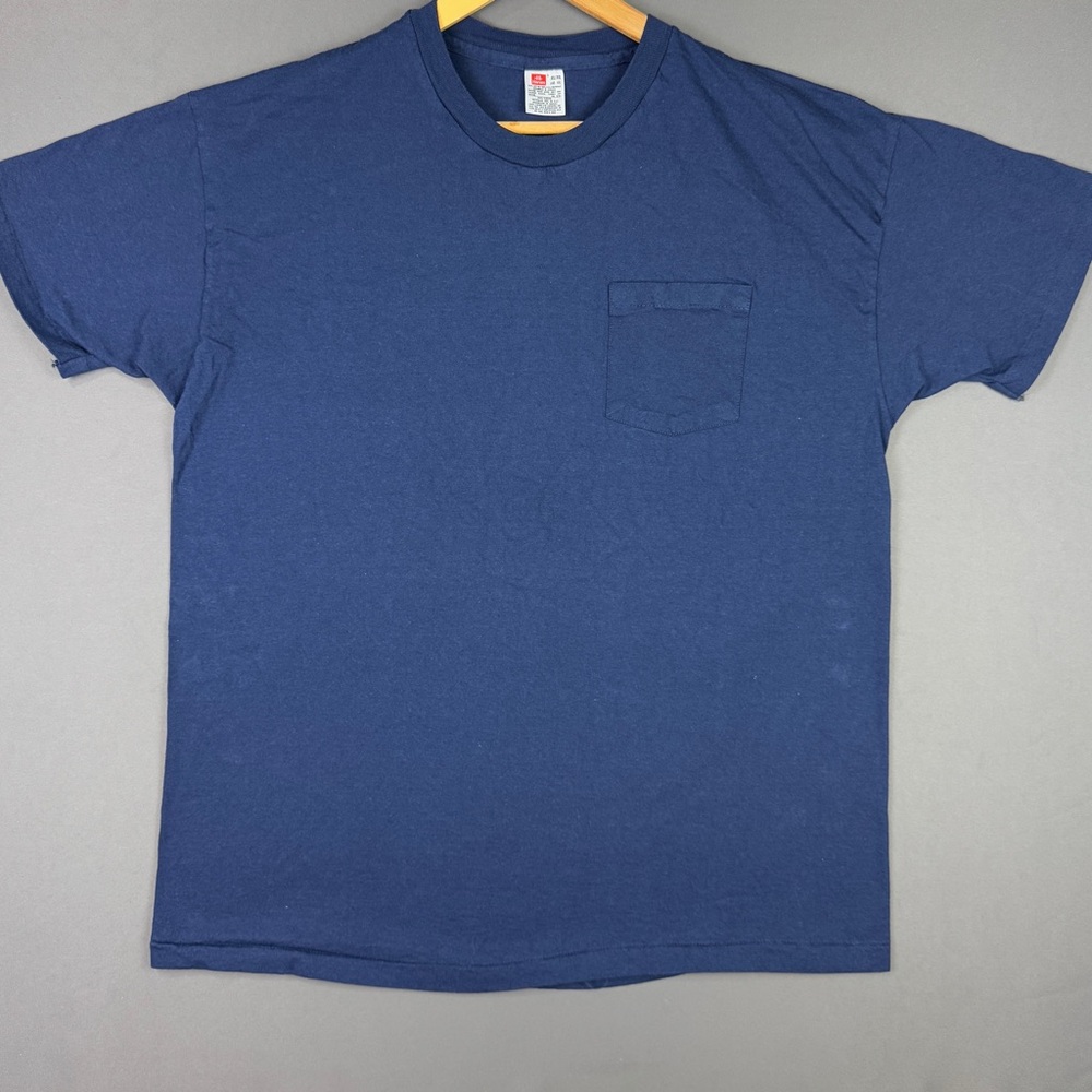 Vintage 90s Hanes Blank Pocket Navy Blue Shirt Essential Hype Streetwear Classic